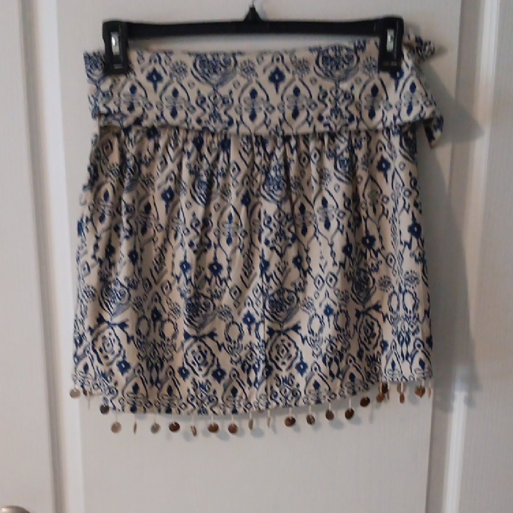 Beaded Blue Patterned Women's Mini Skirt Beach Pool Cover, Size Large,Runs Small